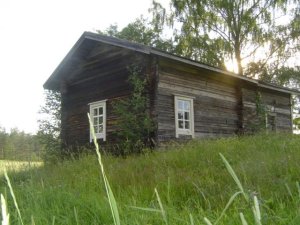 Ruohikolla seisoo harmaapintainen pieni hirsitalo.