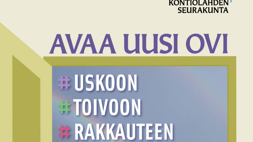 Osa strategiasuunnitelman kannesta, jossa on teksti avaa uusi ovi uskoon, toivoon, rakkauteen.